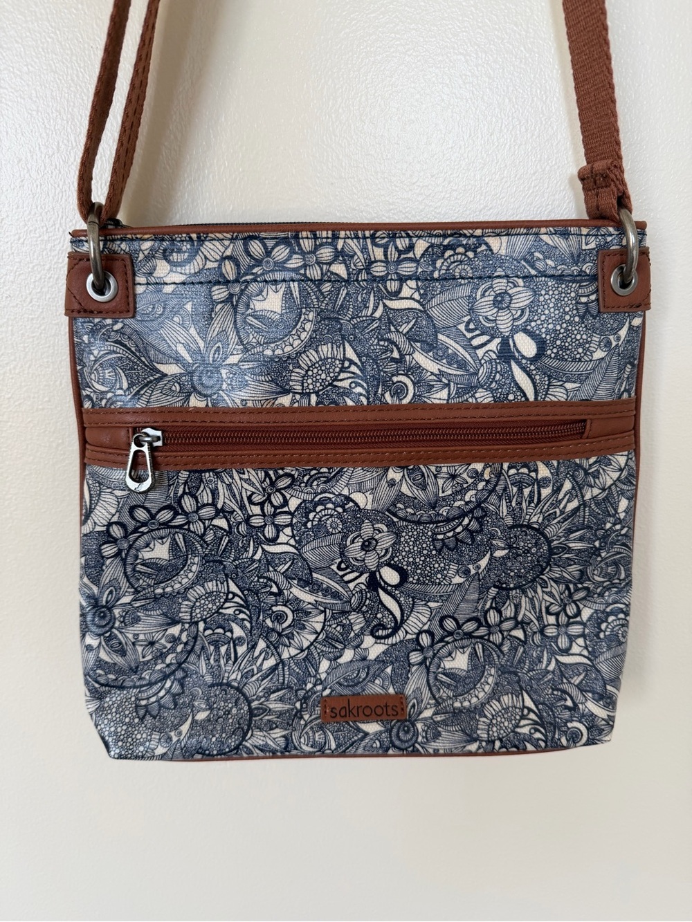 SAKROOTS Blue Printed Brown Crossbody Purse
